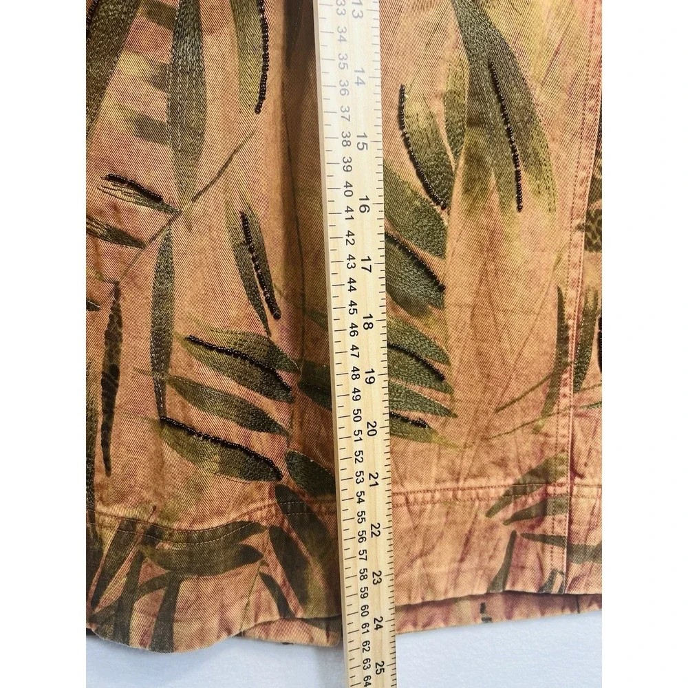 Chico's Design Womens Size 1/M Beaded Tropical Leaf Print Button Front Blazer